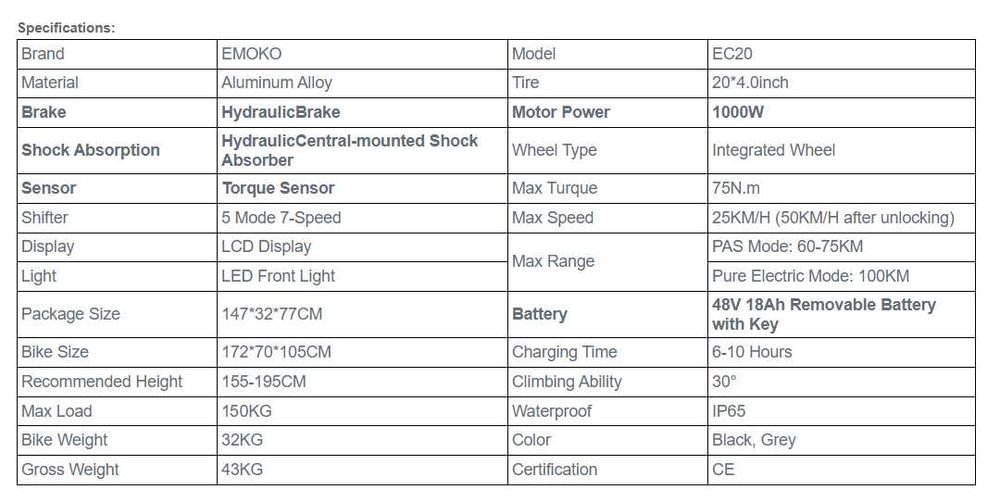 Електрически велосипед/колело EMOKO EC20 PRO 1000W 18AH