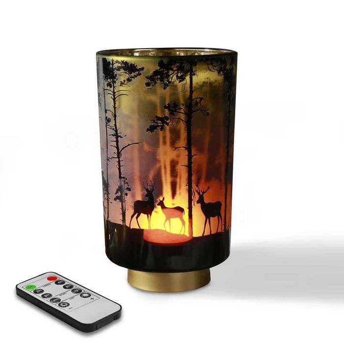 Lampă decorativă Eywamage Forest cu cerbi, fără fir, telecomandă – sticlă