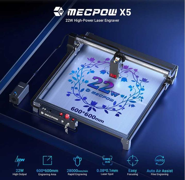 Mecpow Laser 22W, 600x600mm +pompa aer+ pat laser + disp. rotativ- NOU ...