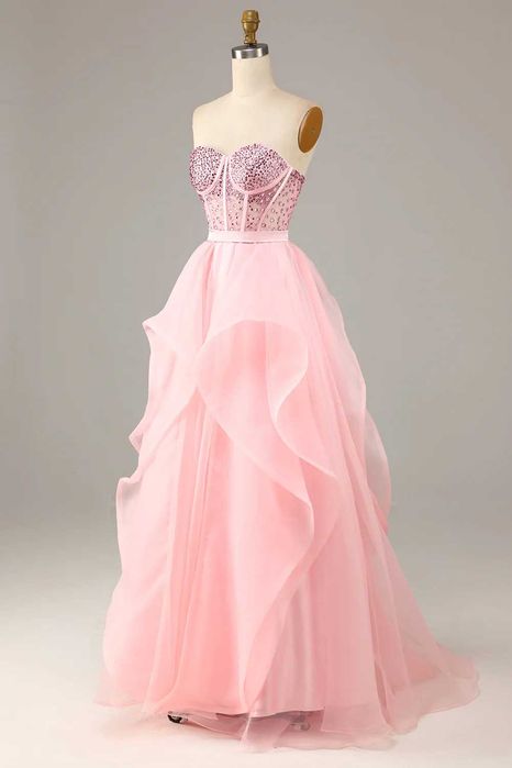 Абитуриенска рокля Бледо Розаво Корсет Камъни Пола Органза Воали Бална