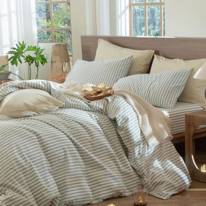 Set de Lenjerie 155x220cm 100% Bumbac Rayat Verde și Alb – Certificat Oeko-Tex