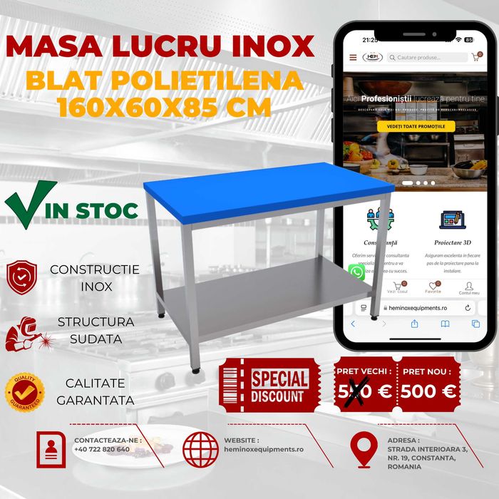 Masa De Lucru Inox Cu O Polita Jos si Blat Polietilena În Stoc