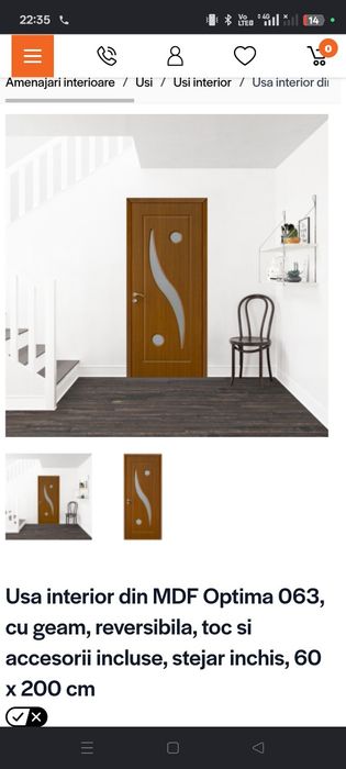 2 Buc usi  interior din MDF Optima 063, cu geam, reversibila, toc si accesorii incluse, stejar inchis, 60 x 200 cm