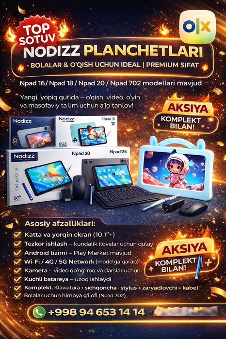 Nodizz Planshetlari Bolalar O‘qish Uchun Ideal Premium sifat (optom)