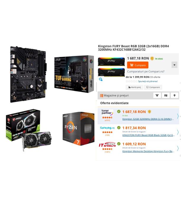 Kit gaming AMD Ryzen 7 5700x Asus B550 plus 32gb RGB și GTX 1660