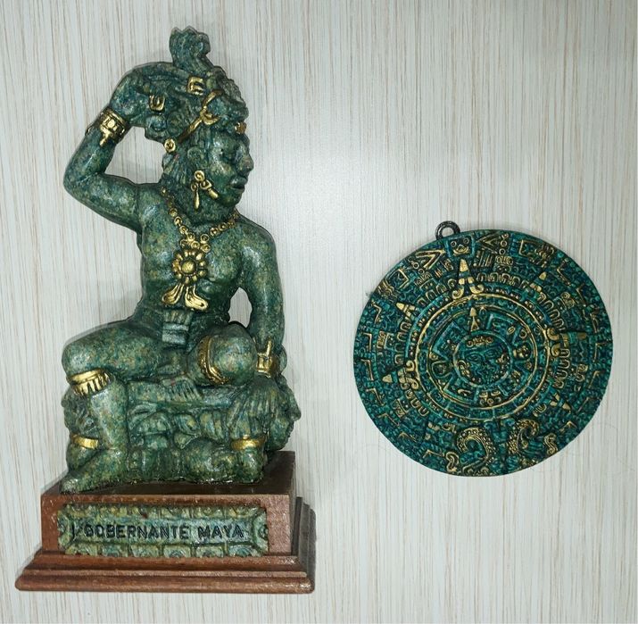 Set Vintage Aztec statueta Leader Montezuma Maya malachit
