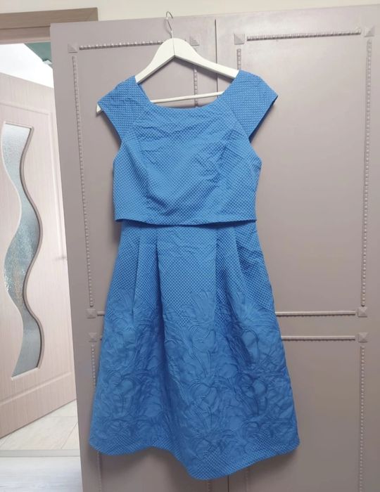 Rochie elegantă Phase Eight, albastru, model floral jacquard, mă