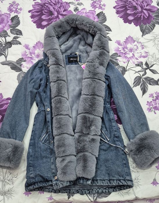 Дънкова парка сив пух свалящ се размер Л,  леко умалено, става и за М