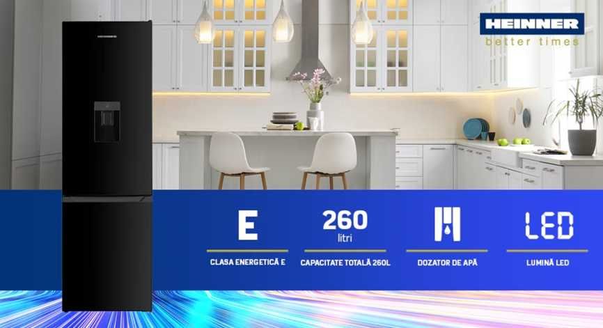 Combina frigorifica/Frigider mare 260l SIGILAT, Dozator de apa, Iluminare LED, Clasa E, H 180 cm, Negru