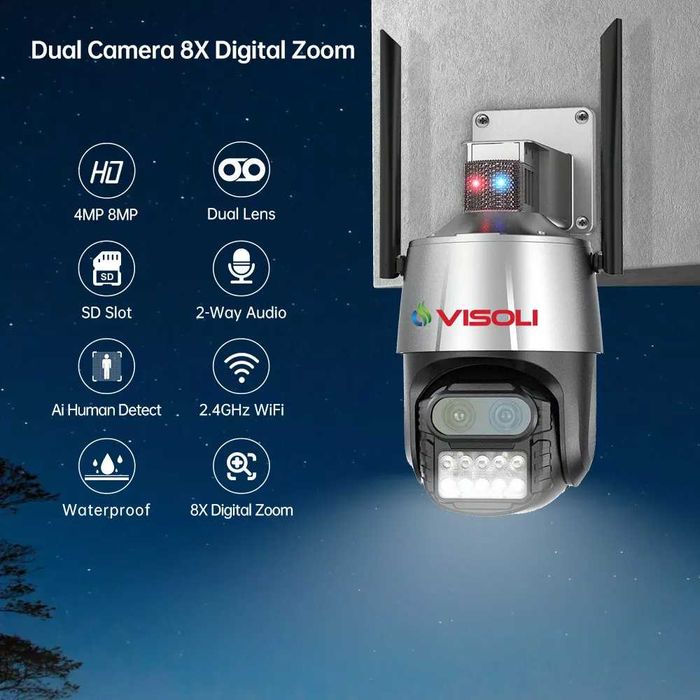 Camera de supraveghere WIFI Visoli® P10-PRO, 2 Lentile, Zoom 8X