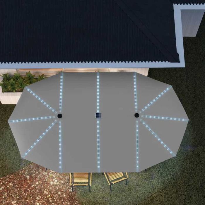 Двоен чадър за градина Outsunny със слънчеви лампи, полиестер, UPF50+