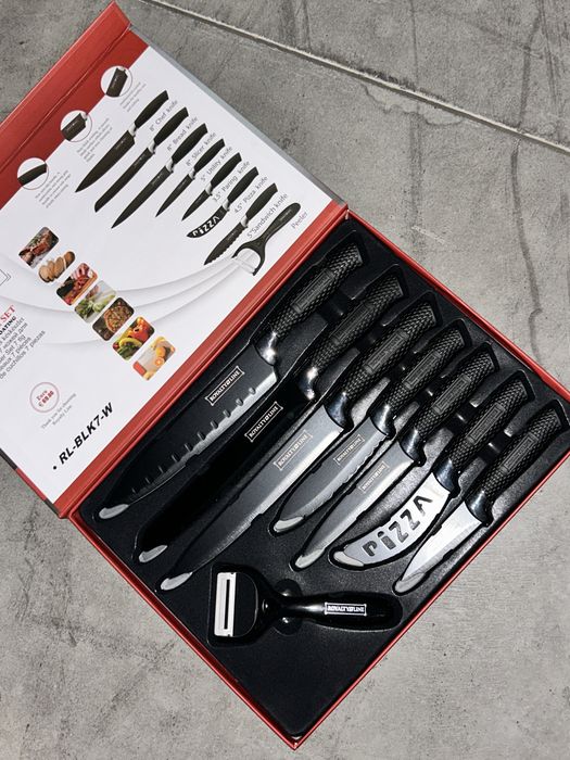 Set 7 cuțite bucătărie Royalty Line (Negru) + Curățător, Nou în cutie