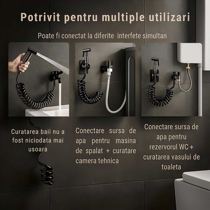 Set Dus Igienic Gri Antracit pentru WC/Bideu – Robinet Dublu Cald/Rece