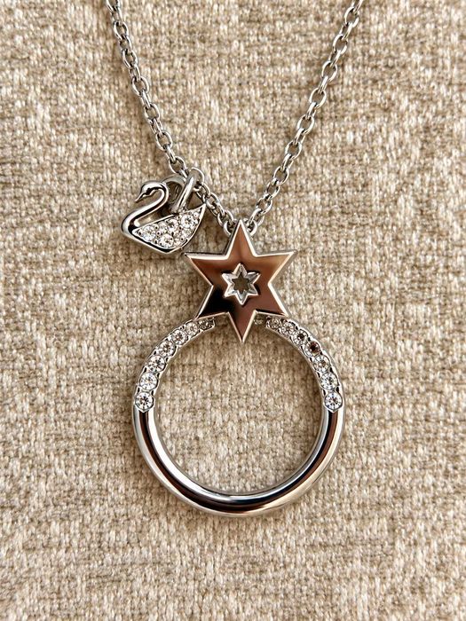 Colier Swarovski damă argintiu cu pandantiv statement stea, cerc și lebădă cu cristale, lanț fin și cutie originală