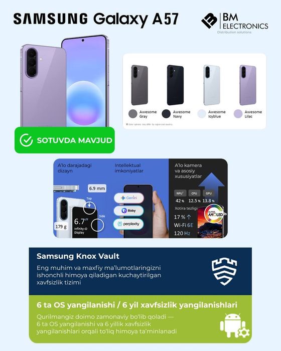 Samsung A57 256gb Naqt va Nasiyaga