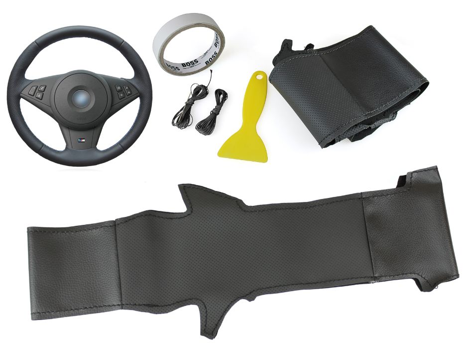 Husa volan piele negru 38 cm. pentru BMW E60, E61 E63, E64 - M5,M6 Nou