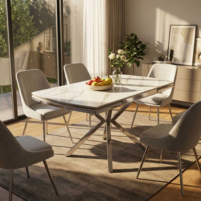 Now! Разтегателна трапезна маса ZEN (бял мрамор/chrome)