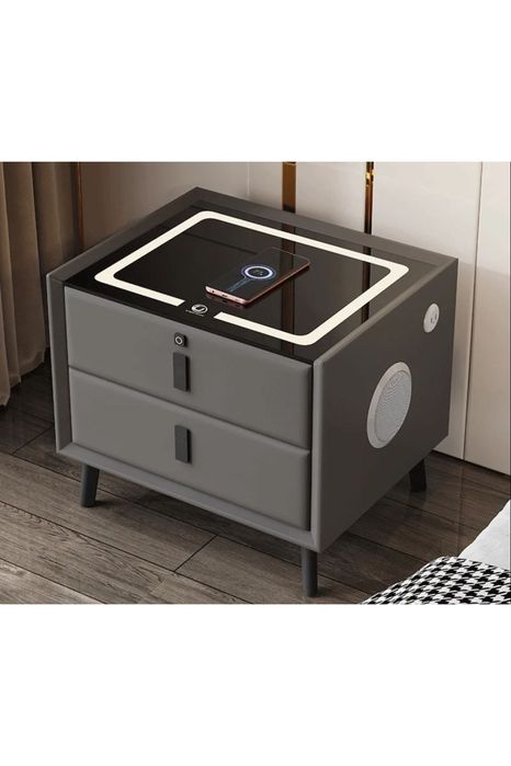 Noptieră Inteligentă Gri, , Încărcare Telefon Wireless, Boxă Bluetooth, LED, 50x40x46