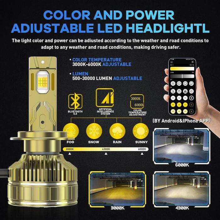 Set 2 Becuri LED Smart H7 Control prin telecomanda, 300W / 35.000LM, alb, galben (3000,4300 si 6000k)