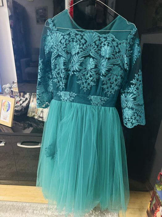 Rochie elegantă turcoaz cu dantelă – Mărimea 40 (M)