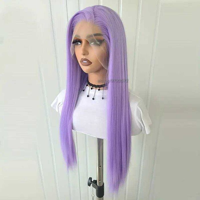 Светло лилава права синтетична перука с дантела  13*4