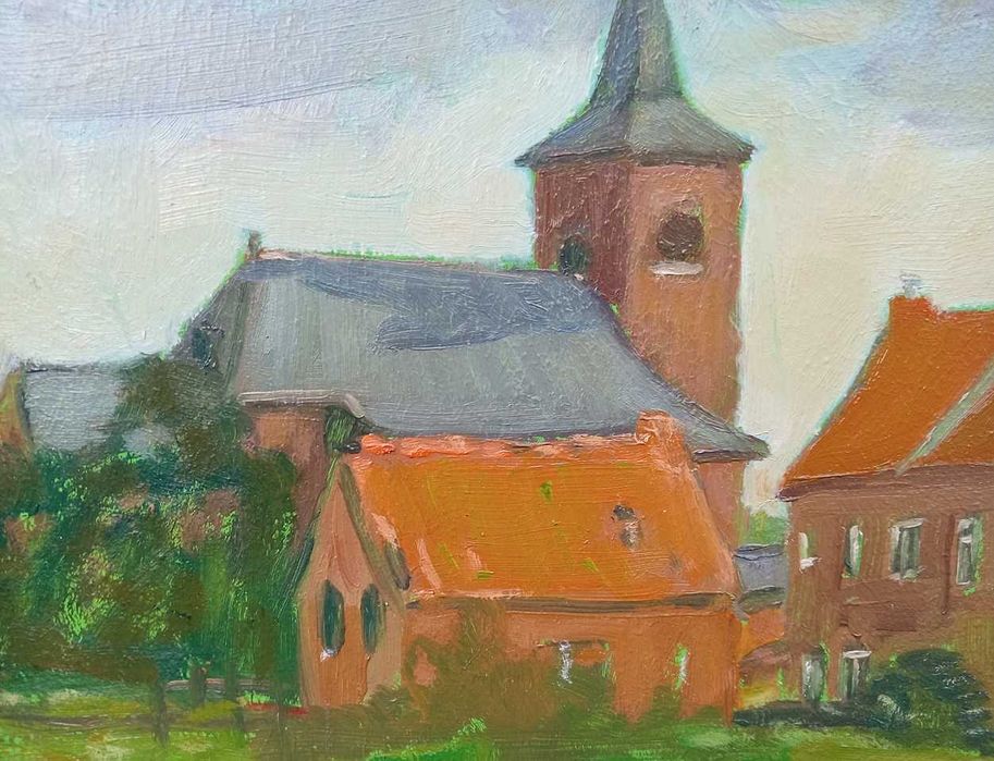 Tablou vechi - peisaj rural cu biserica - semnat Baba