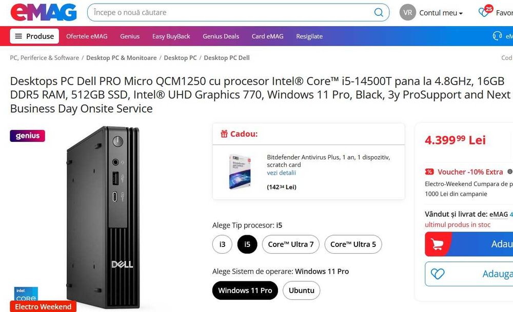 Dell Pro Micro SIGILAT i5-14500T 4.8GHz 16GB 512SSD GARANTIE