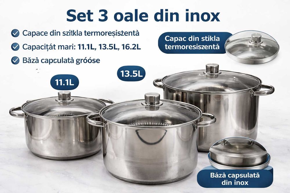 Set 3 oale inox Royalty Line cu capace sticla 11–16L