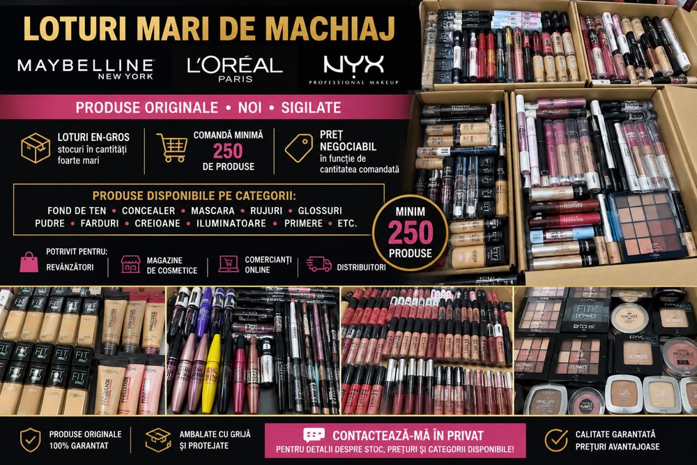 Vând loturi mari de produse de machiaj – Maybelline, L’Oréal, NYX, Estee, etc.