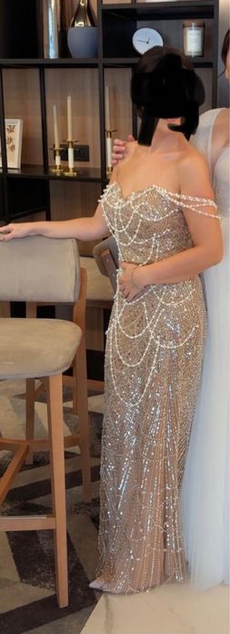 Rochie de seara cu paiete decorata cu perle, culoarea sampanie, XS