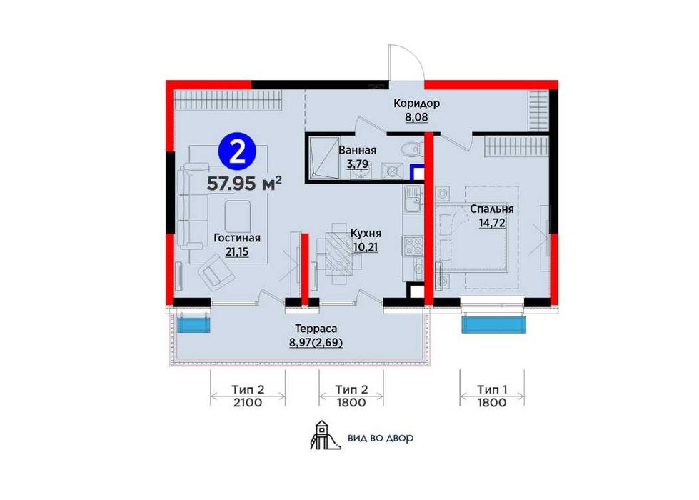 Янги Ўзбекистон боғи ёнида: 2 хонали квартира, 58 м², терраса билан