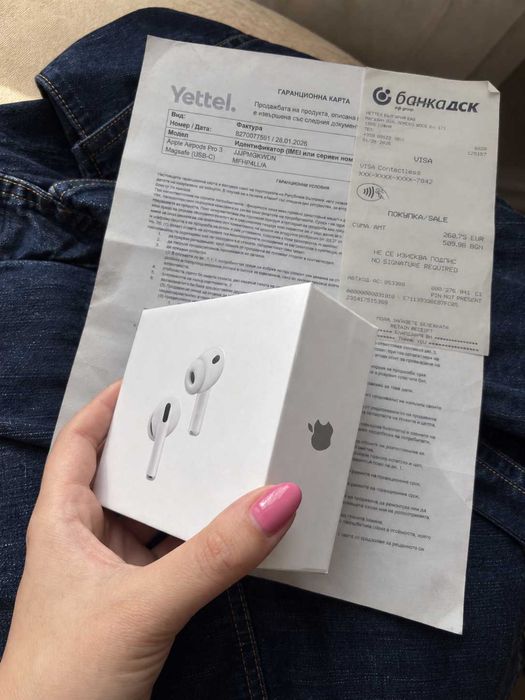 Airpods Pro 3 с шумопотискане, пет размера накрайници, гаранция и фактура в кутията, еърподс про 3