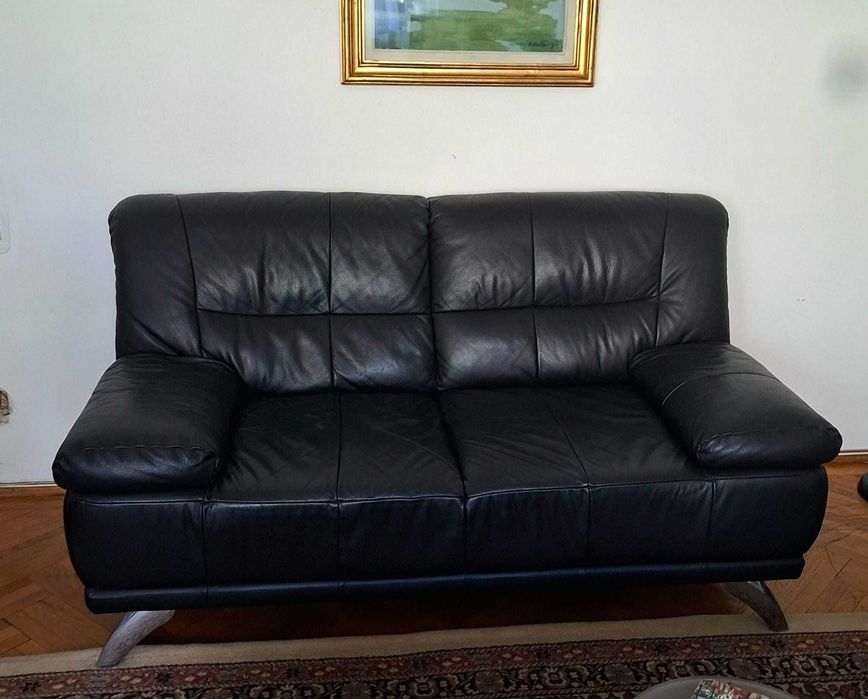 Set Complet Living din Piele Naturală Neagră: Canapea 3 locuri + Canapea 2 locuri + Taburet (Pouf)