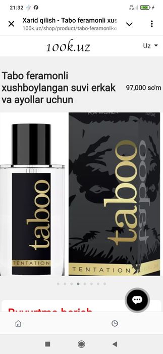 Tabo feramonli xushboylangan suvi erkak va ayollar uchun