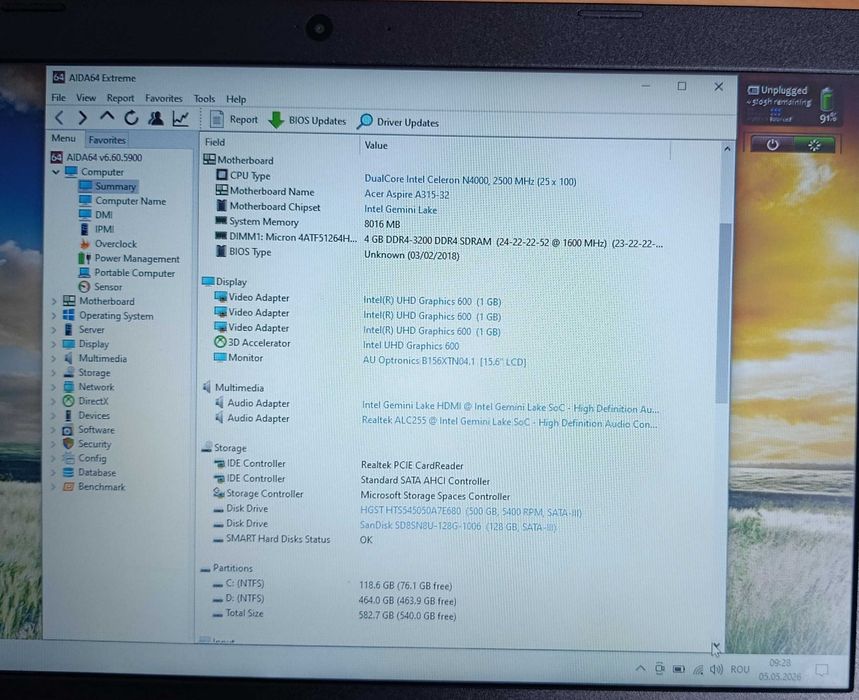 Acer Aspire Intel N4000, 8GB DDR4, SSD+HDD, HD Graphics, baterie 4 ore
