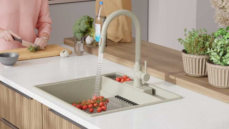 Беж кухненска мивка от гранит Ню Йорк 60 Multispace 580 x 530 мм