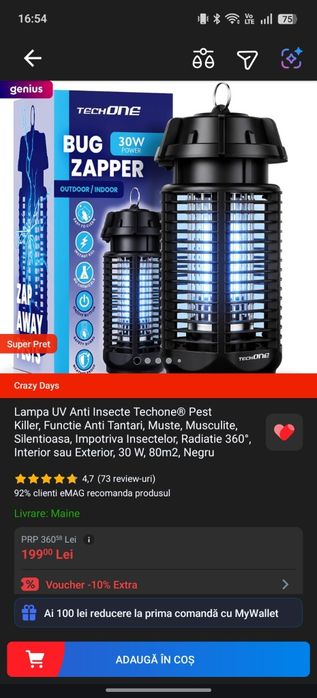 Lampa UV Anti Insecte Techone® Pest Killer, Functie Anti Tantari, Muste, Musculite, Silentioasa,