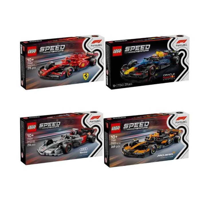 Lego Speed Champions: 77242 - Ferrari SF-24, 77243 - Oracle Red Bull Racing RB20, 77251 - McLaren F1 Team MCL38,77259 - Audi Revolut F1 Team R26