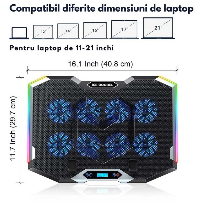 Cooler laptop, Suport de Racire RGB cu 8 Ventilatoare, 6 Trepte Reglab