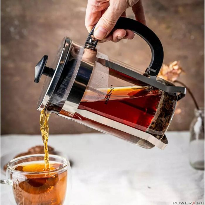 Infuzor pentru ceai, din sticla si inox, cu presa, 0.80L, Kinghoff