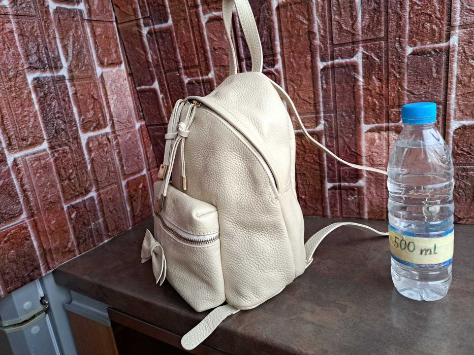 дамска раница,кожена,чанта-естествена кожа,бежово,слонова кост