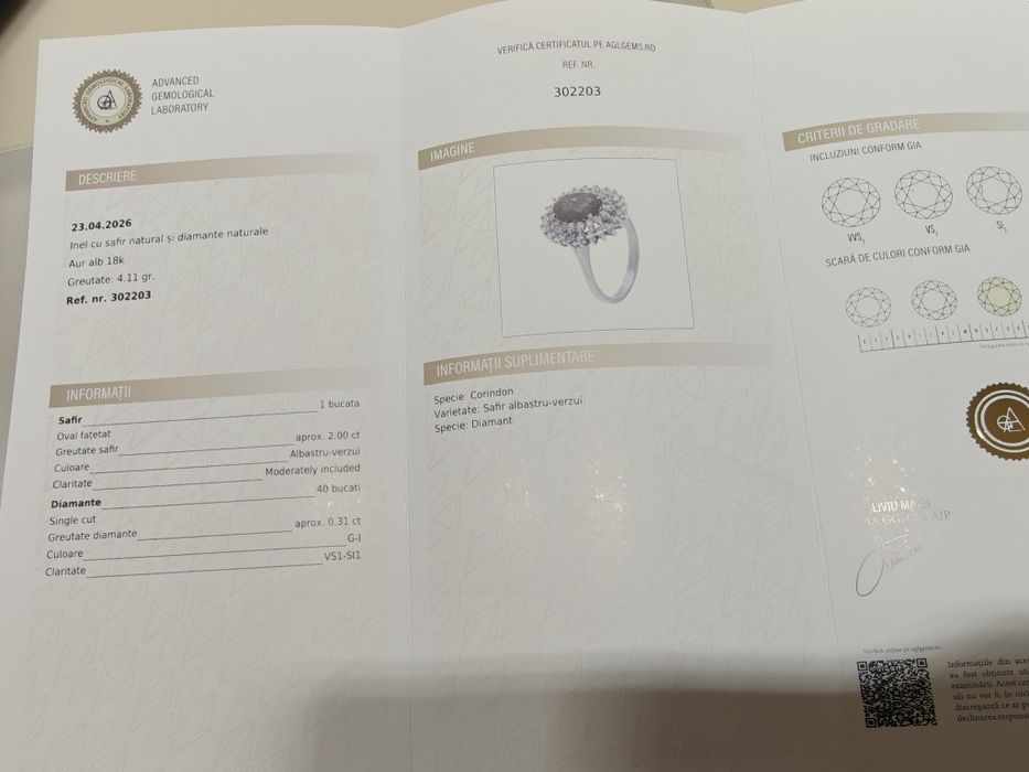 Inel aur 18k safir diamante certificat