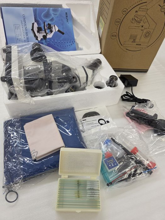 Биологичен Микроскоп BEBANG 100X-2000X, 2х LED осветяване, аксесоари