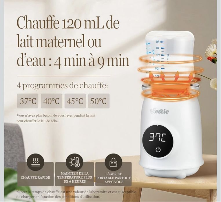 Estie - Преносим нагревател за бебешки шишета с 4 адаптера, USB кабел