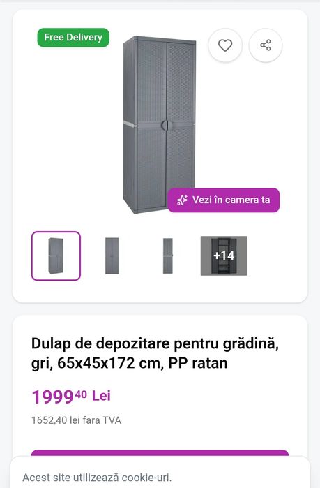 Dulap de depozitare pentru gradina vidaXL, gri, 65x45x172 cm, PP ratan, 18.1 kg