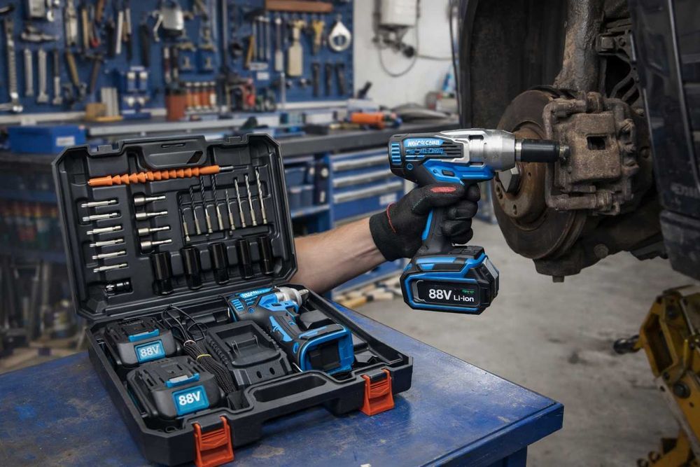 Kit cheie de impact 88V cu 2 baterii si accesorii complete
