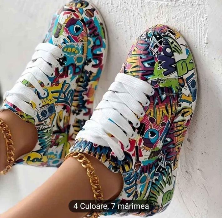Pantofi sport de damă cu imprimeu Graffiti, pantofi sport cu șireturi