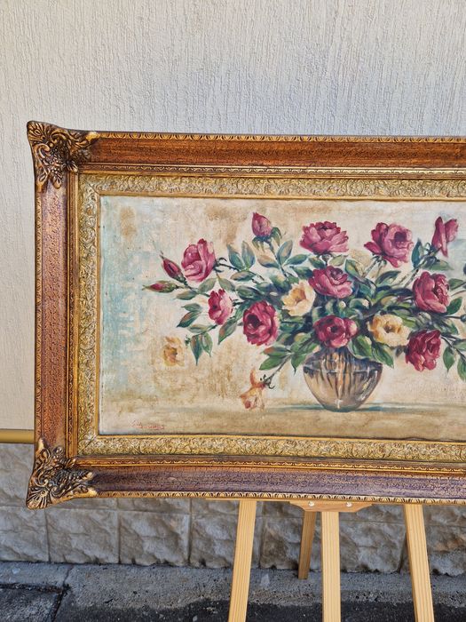 Натюрморт голям антикварен масло платно автор рамка