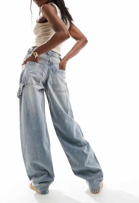 Bershka Дънки Adjustable Wide-Leg Balloon Carpenter Светлосини