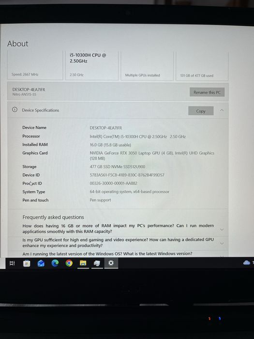 Laptop acer nitro 5 i5 10300H 16 RAM RTX 3050
